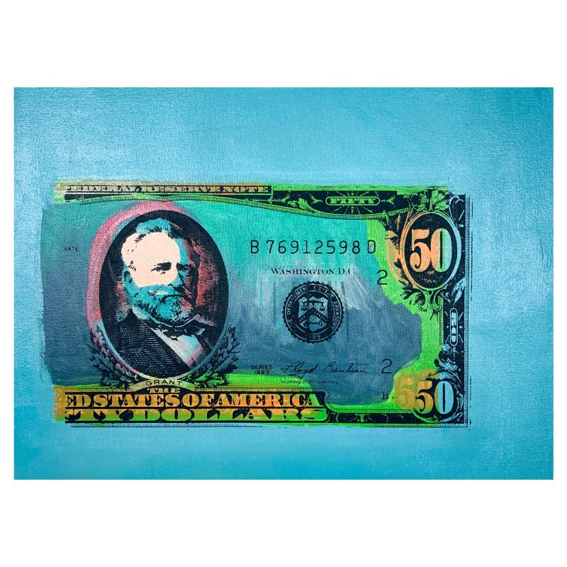 Steve Kaufman (1960-2010) "50 Dollar Bill" Original: "50 Dollar Bill" is a limited edition hand pulled silkscreen unique mixed media on canvas by Andy Warhol protege Steve Kaufman (1960-2010). This piece is numbered and hand signed inverso and includes