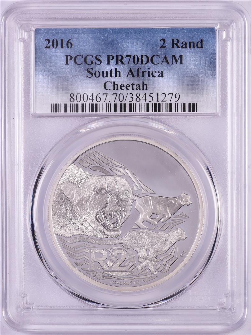 2016 Proof South Africa 2 Rand Cheetah Silver Coin PCGS: One 2016 Proof South Africa 2 Rand Cheetah Silver Coin PCGS PR70DCAM. PCGS Graded.