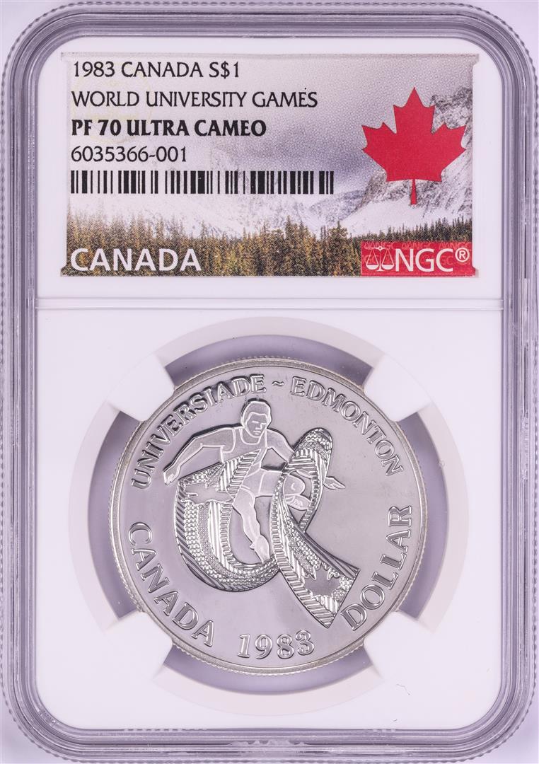 1983 $1 Proof Canada World University Games Silver: One 1983 $1 Proof Canada World University Games Silver Dollar Coin NGC PF70 Ultra Cameo. NGC Certified.