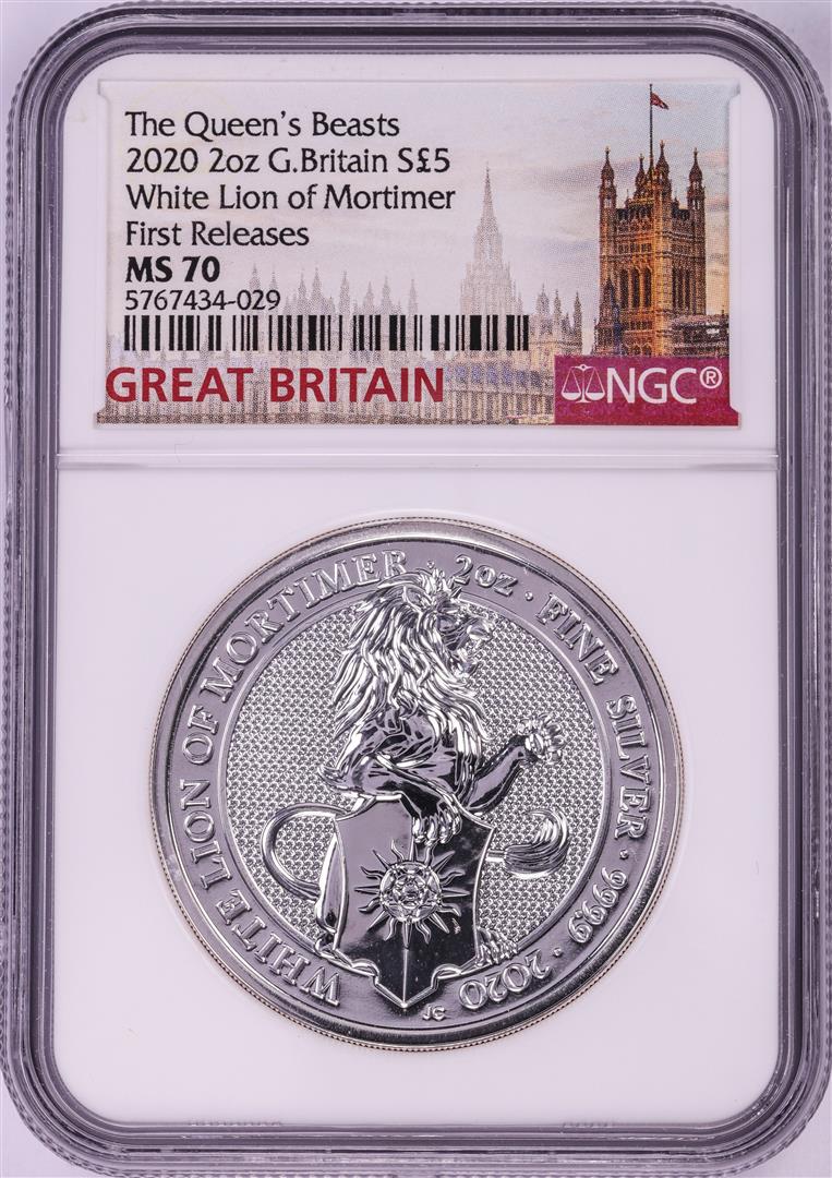 2020 Great Britain 5 Pounds The Queen's Beasts 2oz: One 2020 Great Britain 5 Pounds The Queen's Beasts 2oz Silver Coin NGC MS70 First Releases. NGC Certified.