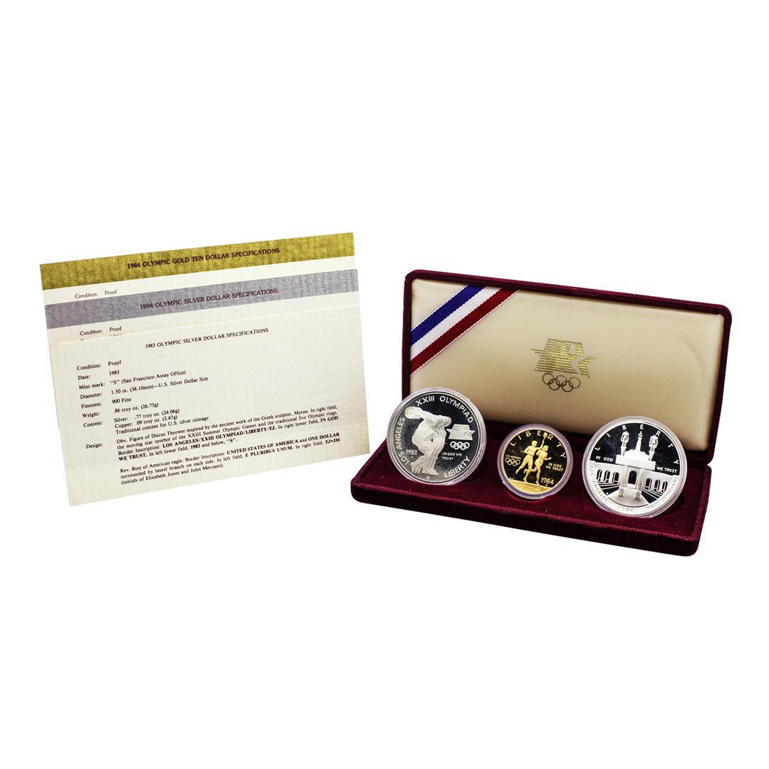 1984-W Proof Los Angeles Olympics (3) Coin Gold &: One 1984-W Proof Los Angeles Olympics (3) Coin Gold & Silver Set.