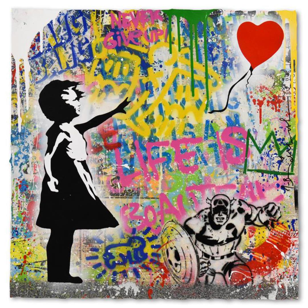 Mr. Brainwash "Balloon Girl" One-of-a-Kind Hand Signed: "Balloon Girl" is a one-of-a-kind mixed media on deckle edge paper by Mr. Brainwash, hand signed by the artist. This piece is also hand signed inverso and bears the thumbprint of the artist. Includes 