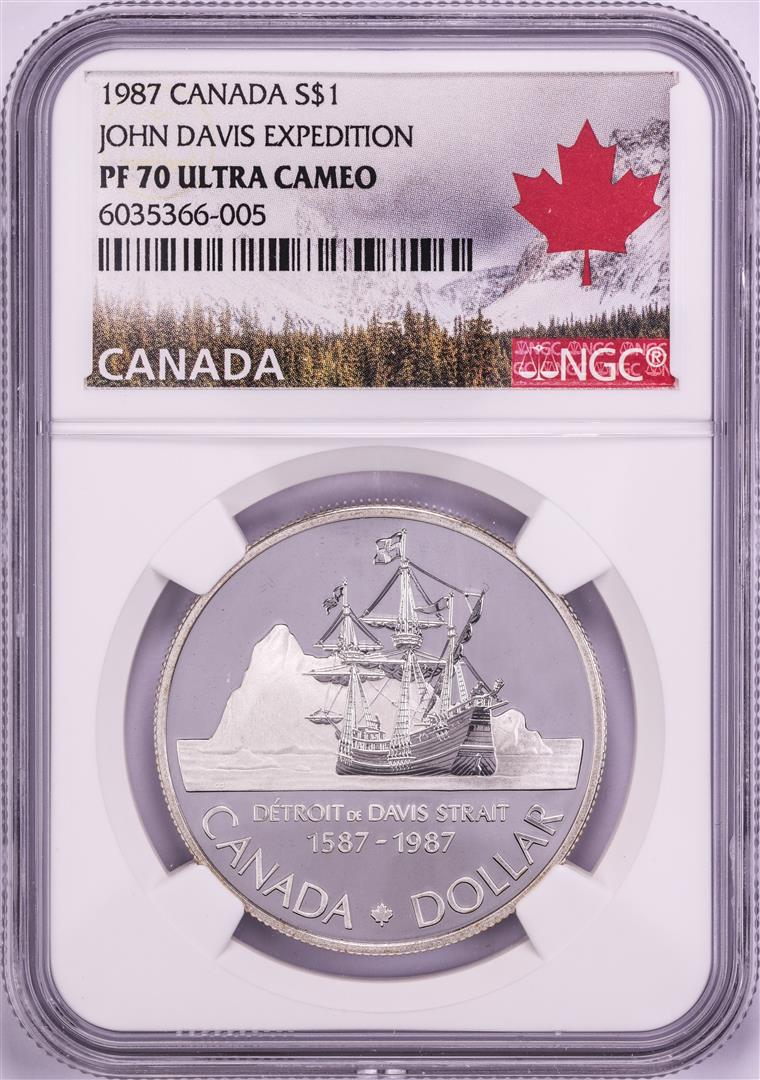 1987 $1 Canada Proof John Davis Expedition Silver: One 1987 $1 Canada Proof John Davis Expedition Silver Dollar Coin NGC PF 70 Ultra Cameo. NGC Certified.