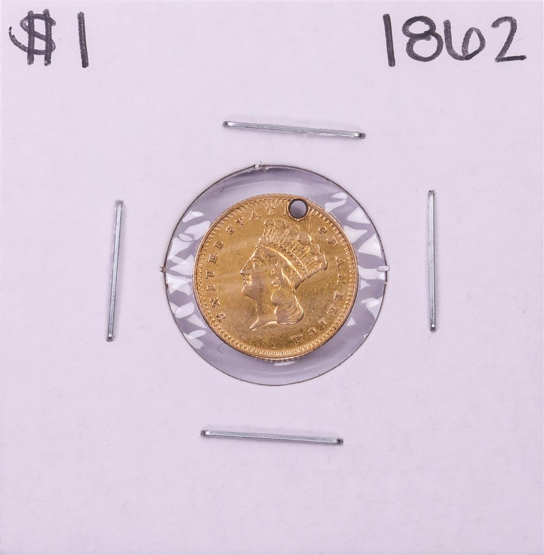 1862 Type 3 $1 Indian Princess Head Gold Dollar Coin w/: One 1862 Type 3 $1 Indian Princess Head Gold Dollar Coin w/ Hole.