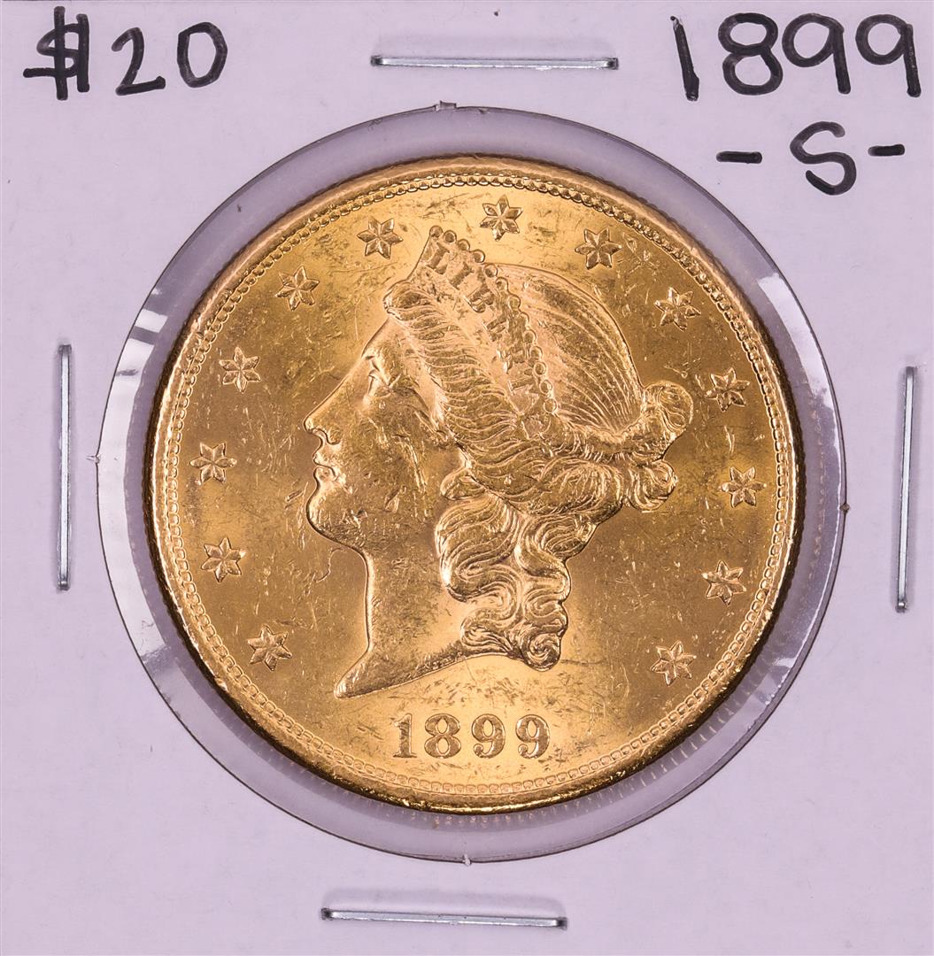 1899-S $20 Liberty Head Double Eagle Gold Coin: One 1899-S $20 Liberty Head Double Eagle Gold Coin.