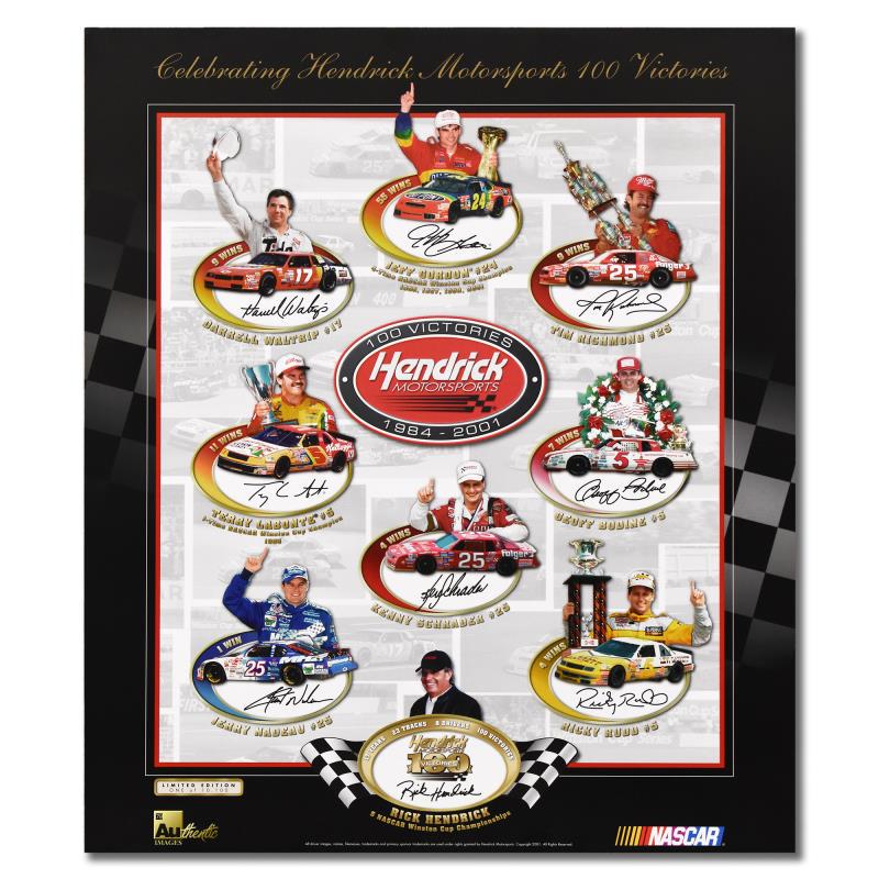Nascar "Celebrating 100 Victories Ii" Limited Edition: "Celebrating 100 Victories" is a limited edition collectible poster from an edition size of 10,1000. This piece bears the plate signatures of such NASCAR greats Jeff Gordon, Rick Hendrick, Ricky Rudd 