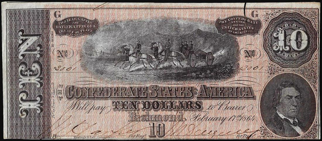 1864 $10 The Confederate States of America Note: One 1864 $10 The Confederate States of America Note.
