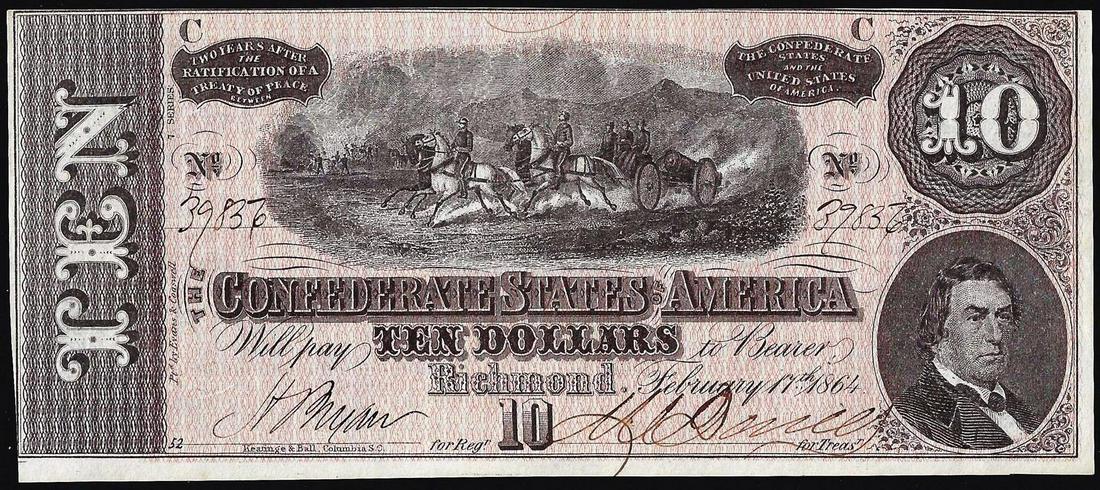 1864 $10 Confederate States of America Note: One 1864 $10 Confederate States of America Note.