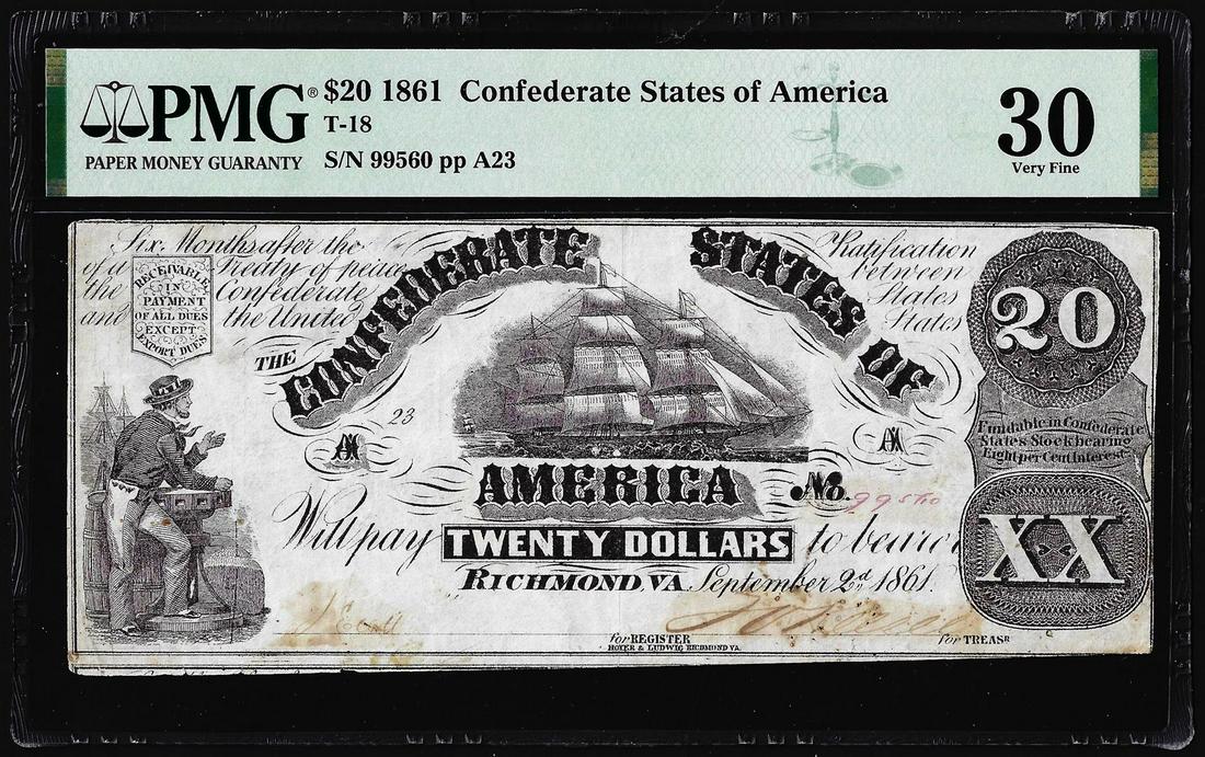 1861 $20 Confederate States of America Note T-18 PMG: One 1861 $20 Confederate States of America Note T-18 PMG Very Fine 30. PMG Certified.