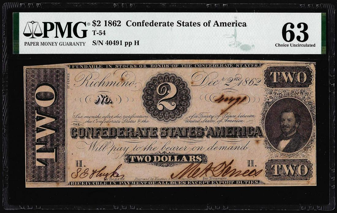 1862 $2 Confederate States of America Note T-54 PMG: One 1862 $2 Confederate States of America Note T-54 PMG Choice Uncirculated 63. PMG Certified.