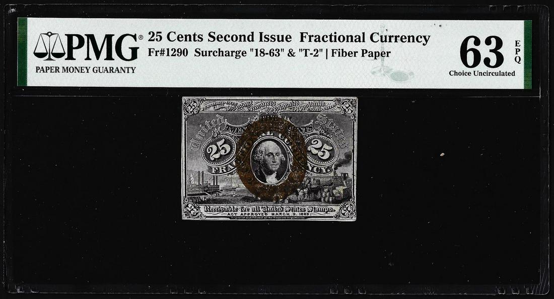 1863 25 Cents Second Issue Fractional Note Fr.1290 PMG: One 1863 25 Cents Second Issue Fractional Note Fr.1290 PMG Choice Uncirculated 63EPQ. PMG Certified.
