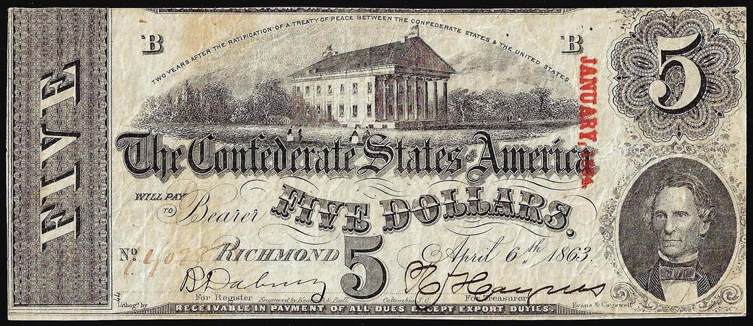 1863 $5 The Confederate States of America Note: One 1863 $5 The Confederate States of America Note.