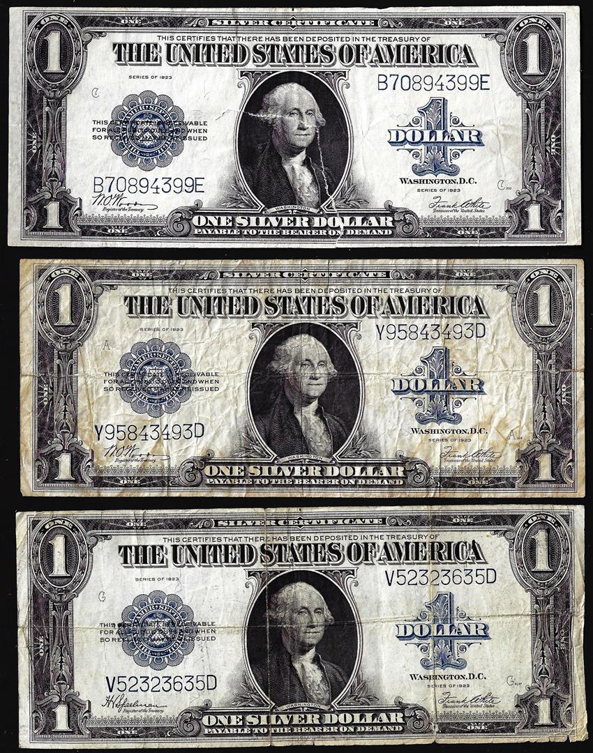 Lot of (3) 1923 $1 Silver Certificate Notes Tears and: Lot of (3) 1923 $1 Silver Certificate Notes, each of the note has either tears and/or rips.
