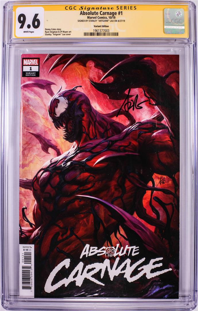 Marvel Comics Absolute Carnage #1 Comic Book 10/19 CGC: One Marvel Comics Absolute Carnage #1 Comic Book 10/19 CGC 9.6 Signed by Stanley Lau.
