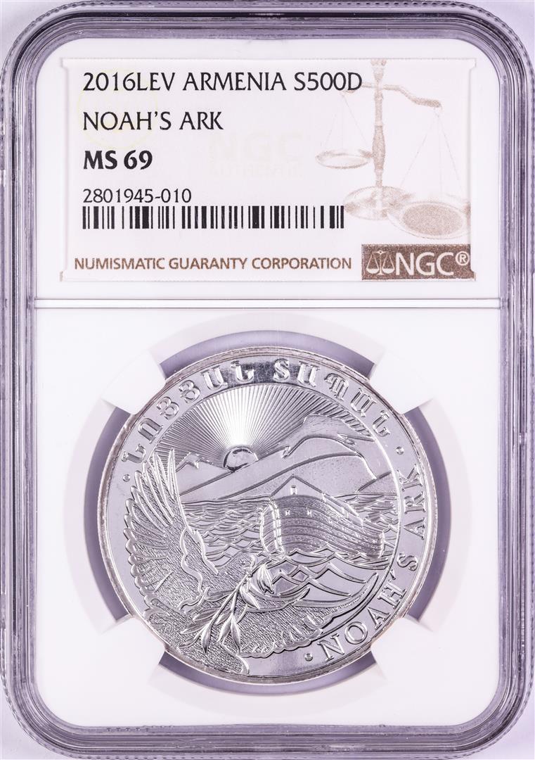 2016-LEV Armenia 500 Dram Noah's Ark Silver Coin NGC: One 2016-LEV Armenia 500 Dram Noah's Ark Silver Coin NGC MS69. NGC Certified.