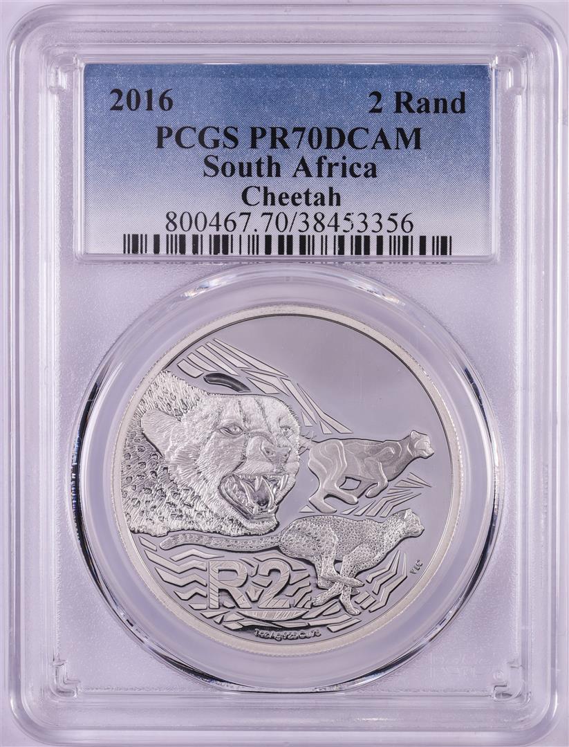 2016 Proof South Africa 2 Rand Cheetah Silver Coin PCGS: One 2016 Proof South Africa 2 Rand Cheetah Silver Coin PCGS PR70DCAM. PCGS Graded.
