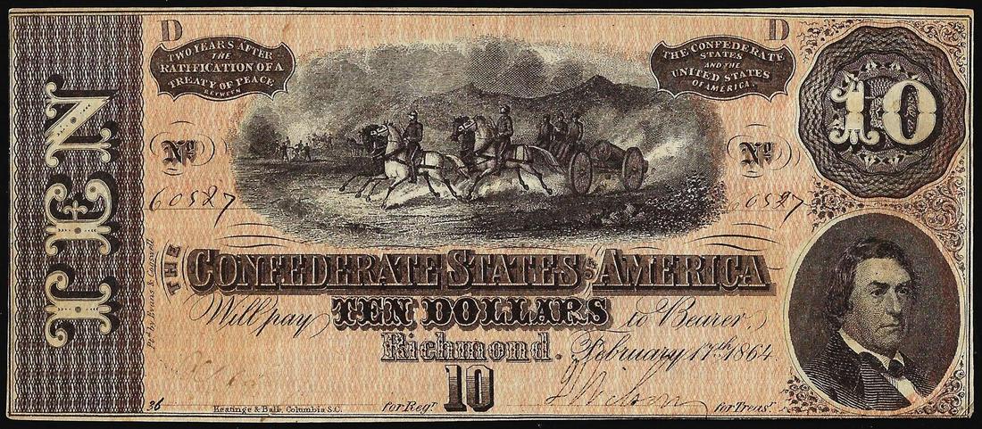 1864 $10 Confederate States of America Note: One 1864 $10 Confederate States of America Note.