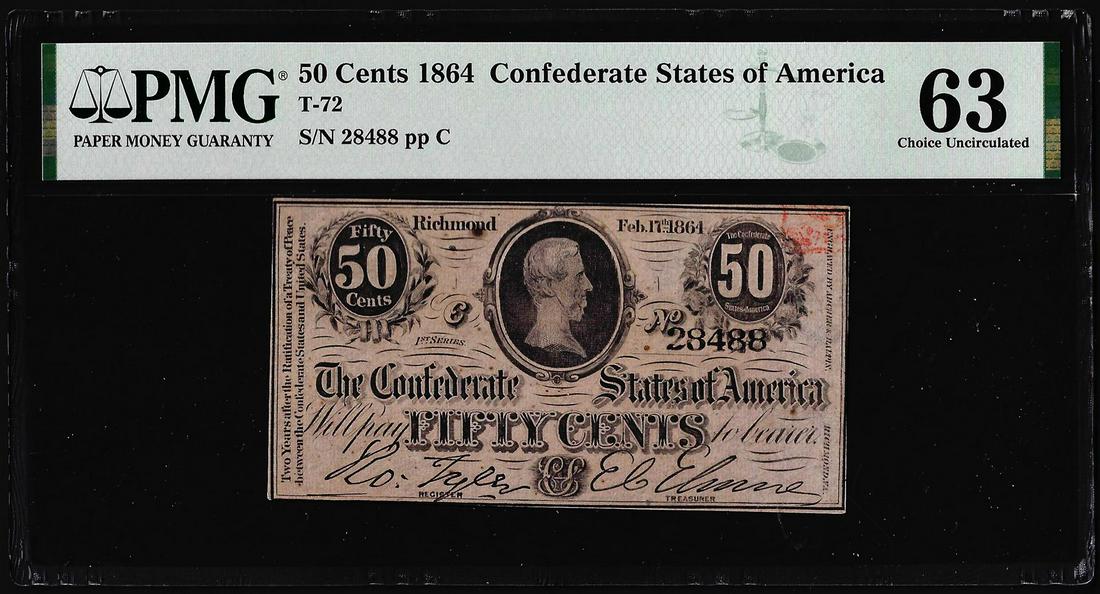 1864 50 Cents Confederate States of American Note T-72: One 1864 50 Cents Confederate States of American Note T-72 PMG Choice Uncirculated 63. PMG Certified.