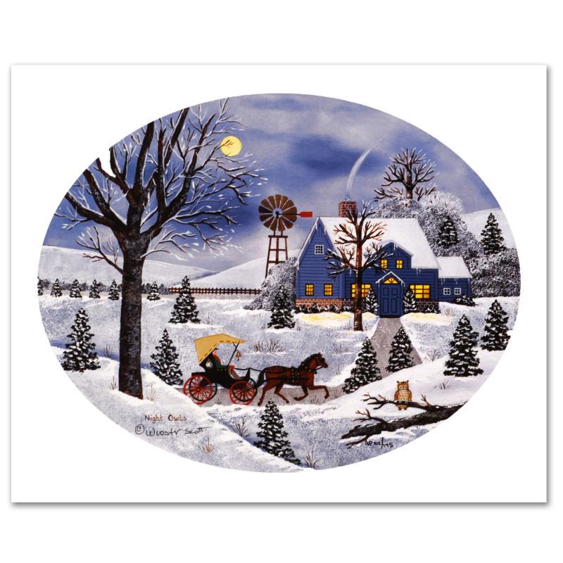 Jane Wooster Scott "Night Owls" Limited Edition: Cozy, down-home images of a bygone era when life was simpler - this is the feeling captured in the creations of one of the world's most recognized artists. "Night Owls" is a limited edition lithograph