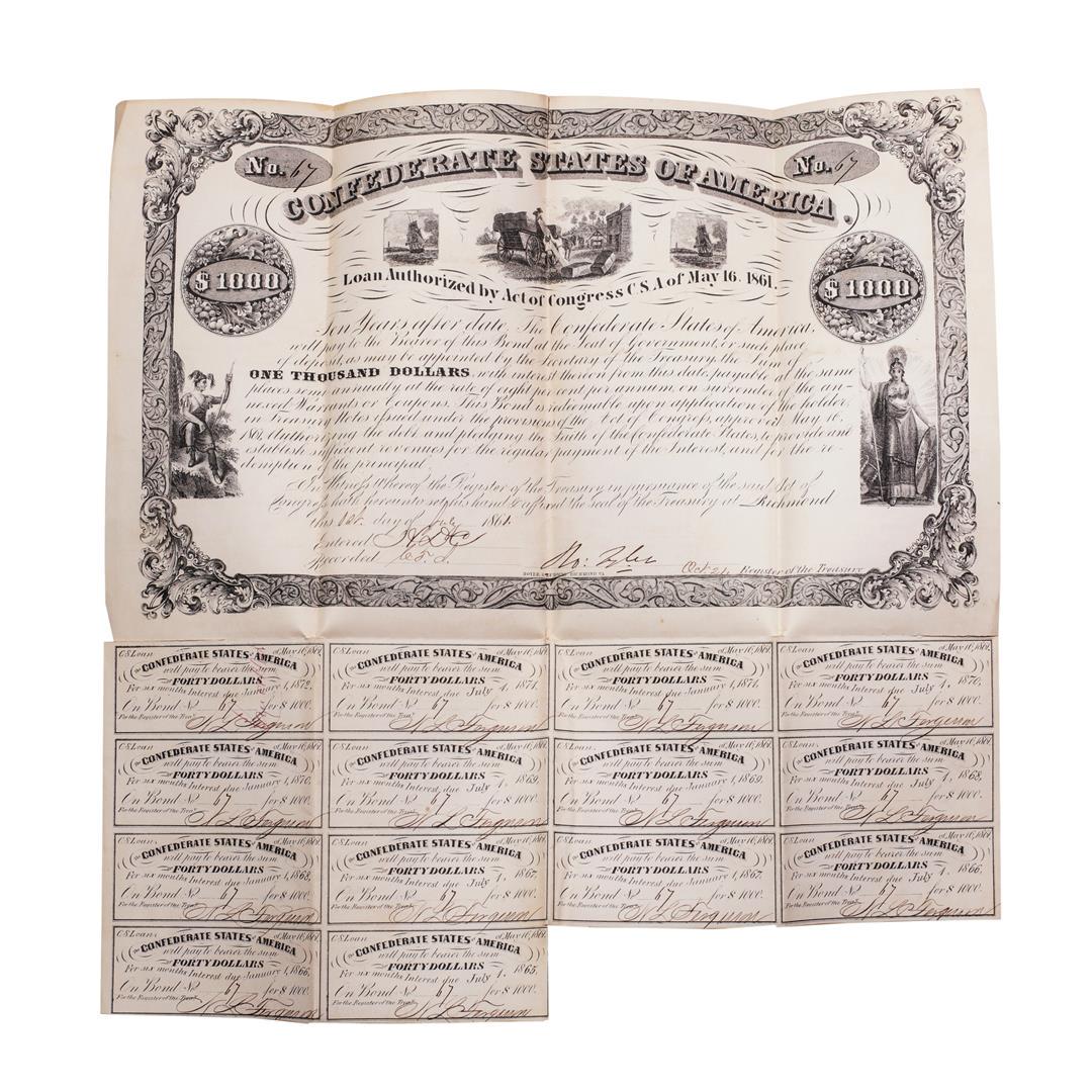 1861 $1,000 Confederate Bond Obsolete Sheet B-25: One 1861 $1,000 Confederate Bond Obsolete Sheet B-25.