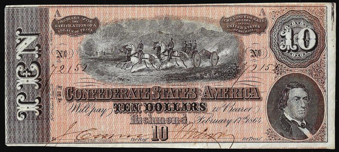1864 $10 Confederate States of America Note: One 1864 $10 Confederate States of America Note.