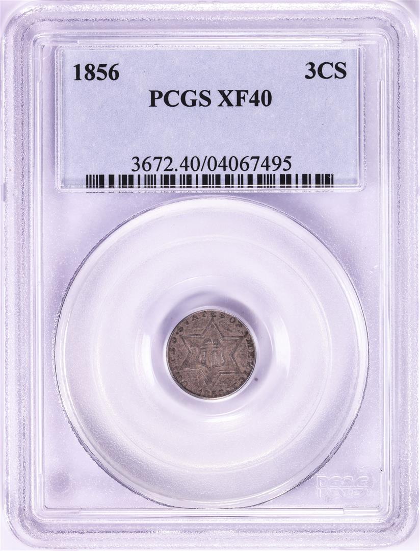 1856 Three Cent Silver Piece Coin PCGS XF40: One 1856 Three Cent Silver Piece Coin PCGS XF40. PCGS Graded.