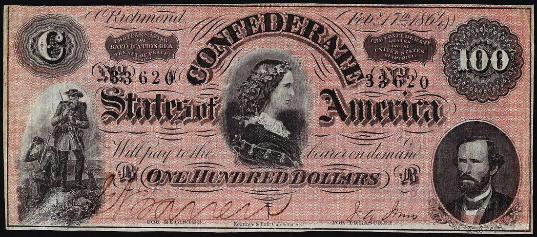 1864 $100 Confederate States of America Note: One 1864 $100 Confederate States of America Note.