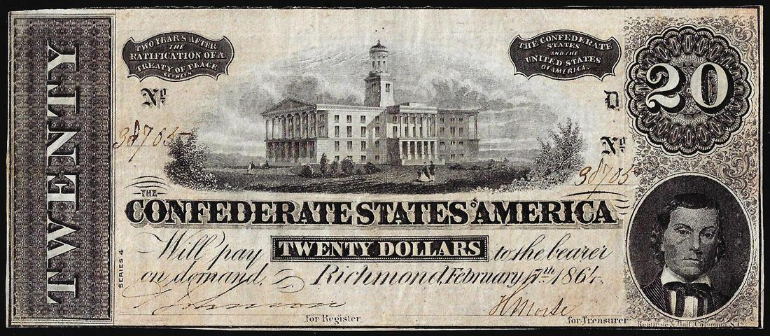 1864 $20 The Confederate States of America Note: One 1864 $20 The Confederate States of America Note.