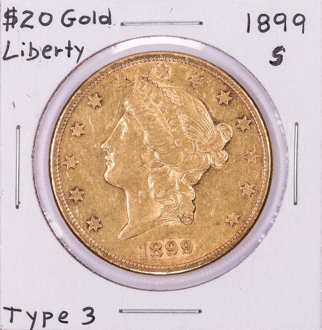 1899-S $20 Liberty Head Double Eagle Gold Coin: One 1899-S $20 Liberty Head Double Eagle Gold Coin.