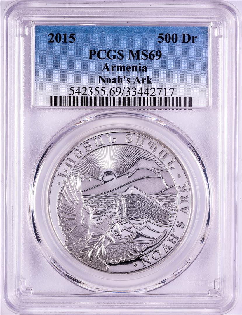 2015 Armenia 500 Dram Noah's Ark Silver Coin PCGS MS69: One 2015 Armenia 500 Dram Noah's Ark Silver Coin PCGS MS69. PCGS Graded.