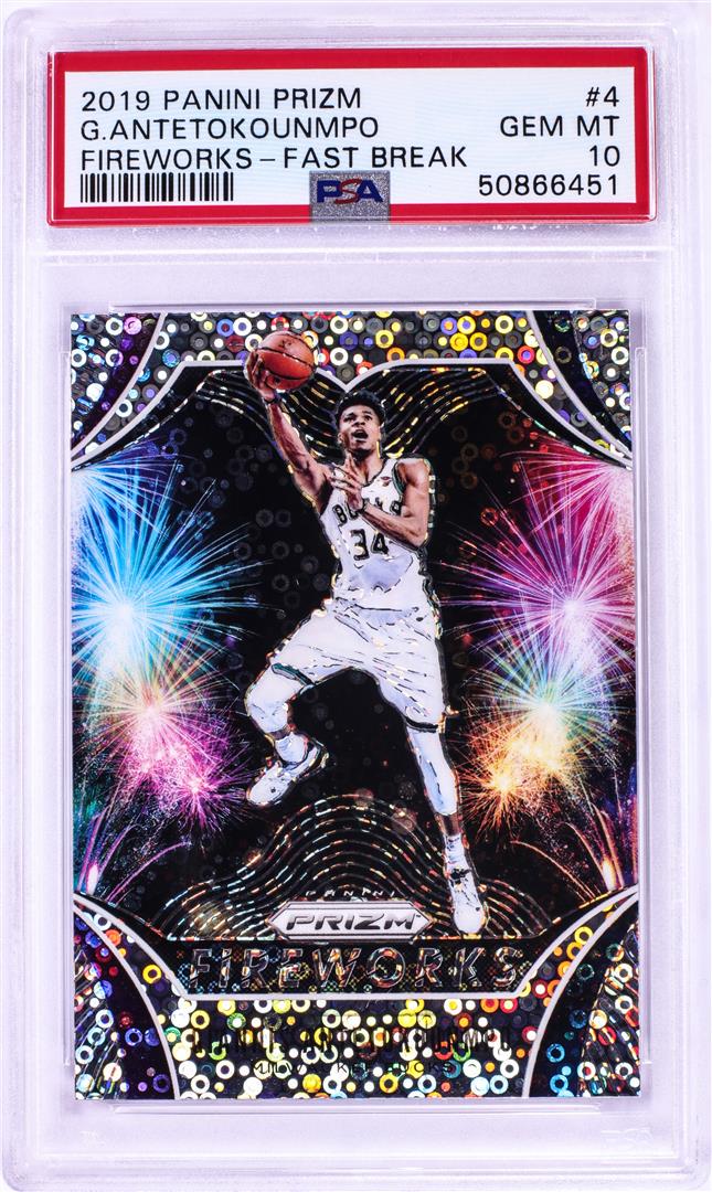 2019 Panini Prizm Fireworks Fast Break Giannis: One 2019 Panini Prizm Fireworks Fast Break Giannis Antetokounmpo NBA Card #4 PSA Gem Mint 10. PSA Certified.