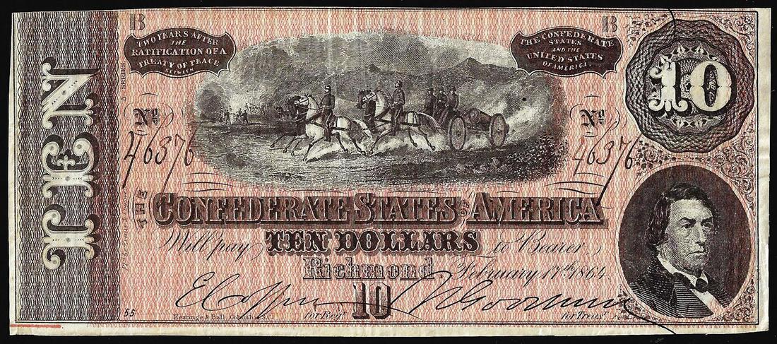 1864 $10 The Confederate States of America Note: One 1864 $10 The Confederate States of America Note.