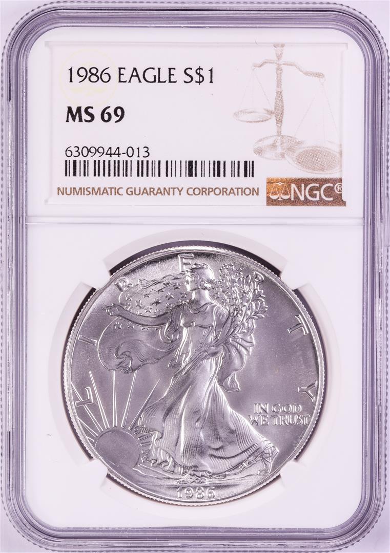 1986 $1 American Silver Eagle Coin NGC MS69: One 1986 $1 American Silver Eagle Coin NGC MS69. NGC Certified.