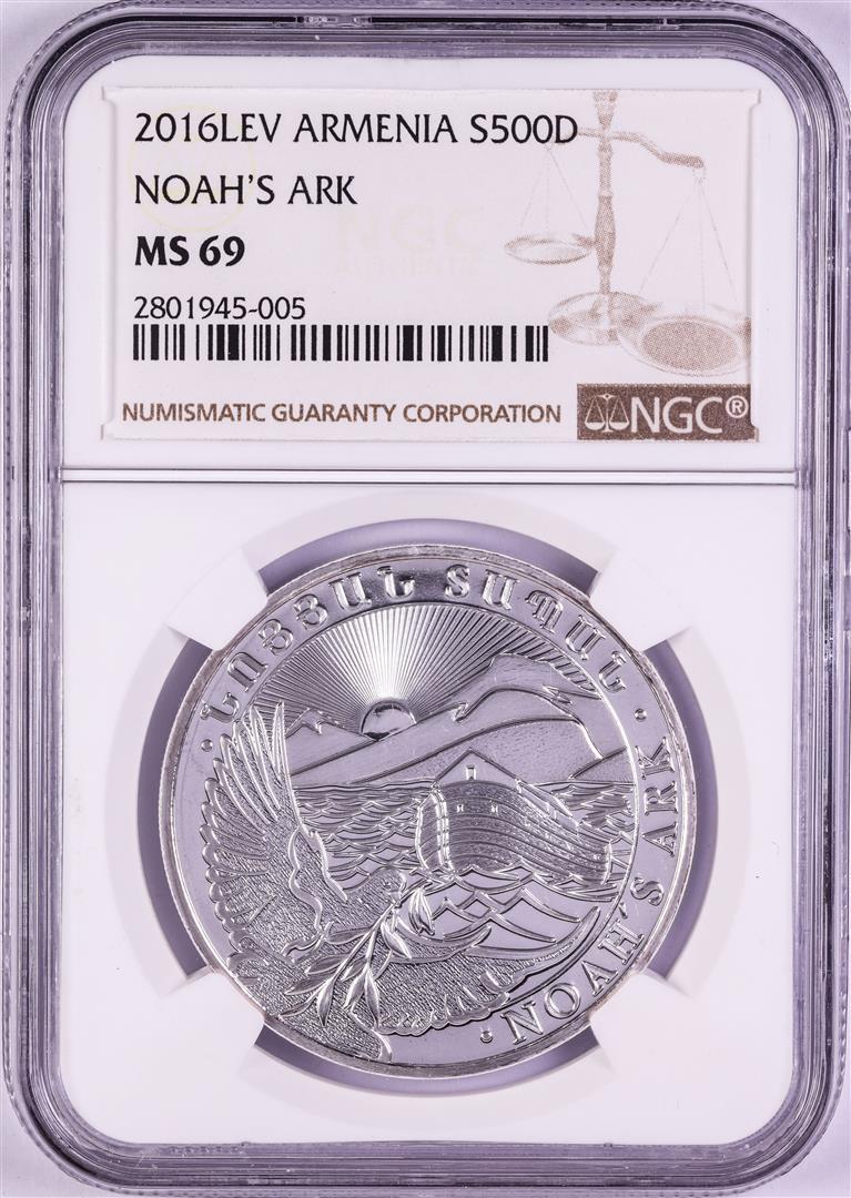 2016-LEV Armenia 500 Dram Noah's Ark Silver Coin NGC: One 2016-LEV Armenia 500 Dram Noah's Ark Silver Coin NGC MS69. NGC Certified.