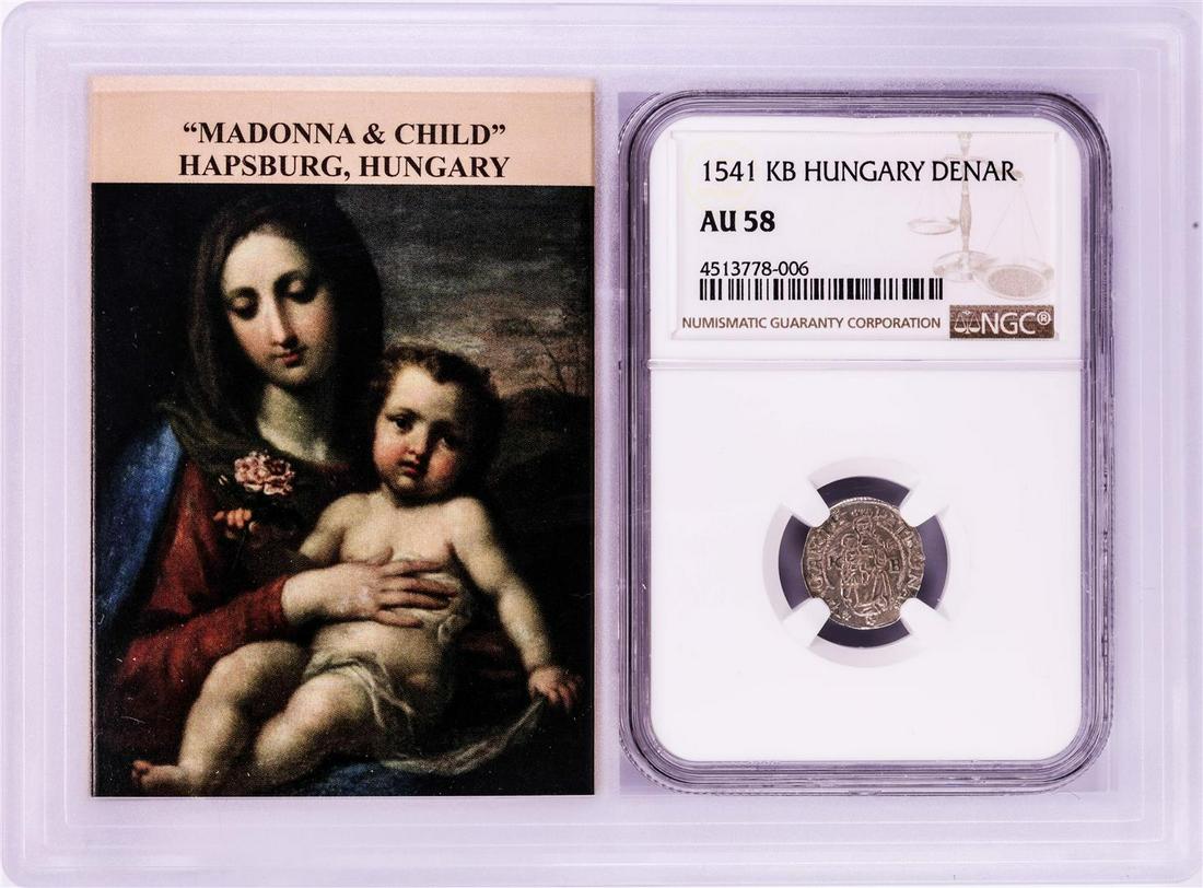 1541 KB Hungary Denar 'Madonna and Child' Coin NGC AU58: One 1541 KB Hungary Denar 'Madonna and Child' Coin NGC AU58 w/ Story Box. NGC Certified.