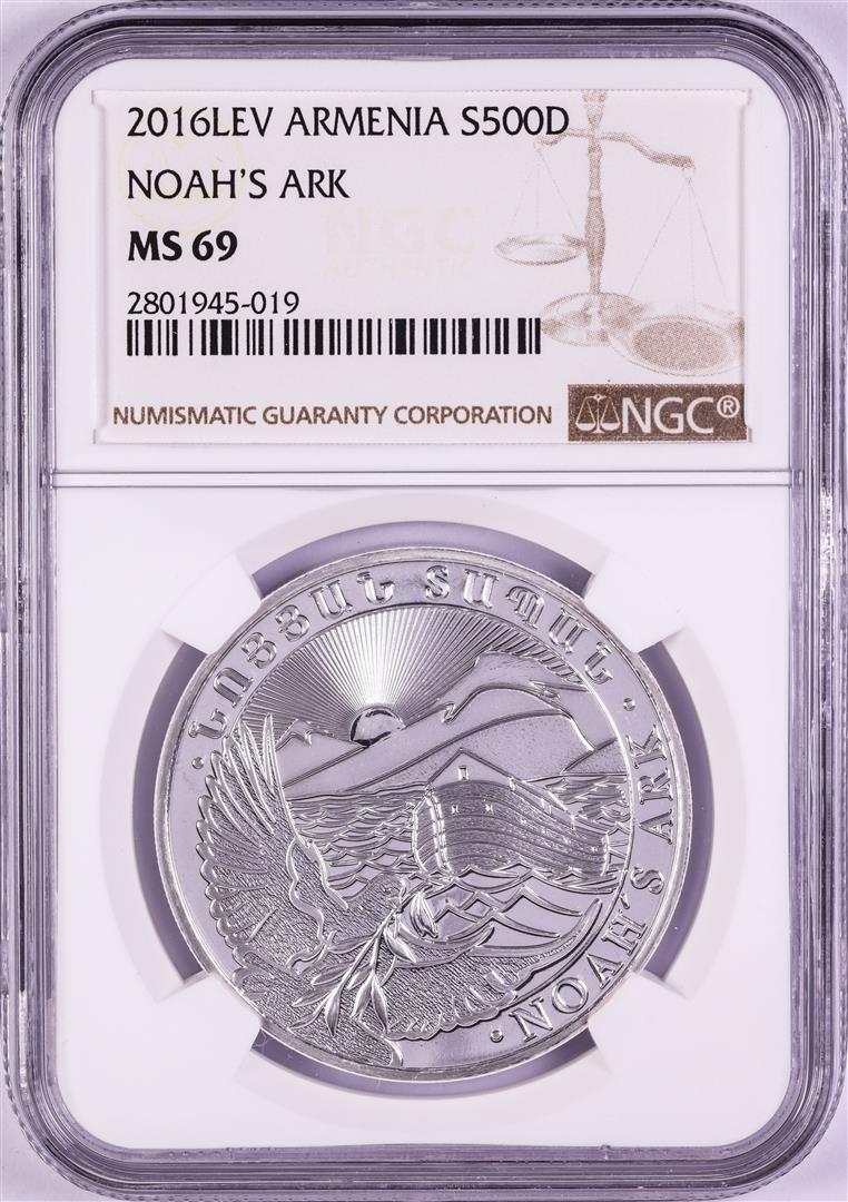 2016-LEV Armenia 500 Dram Noah's Ark Silver Coin NGC: One 2016-LEV Armenia 500 Dram Noah's Ark Silver Coin NGC MS69. NGC Certified.