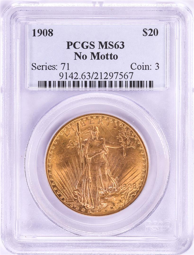 1908 No Motto $20 St. Gaudens Double Eagle Gold Coin: One 1908 No Motto $20 St. Gaudens Double Eagle Gold Coin PCGS MS63. PCGS Graded.