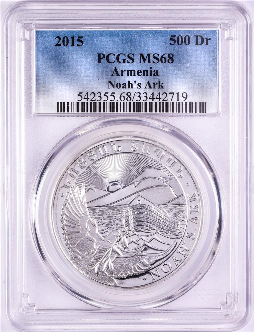 2015 Armenia 500 Dram Noah's Ark Silver Coin PCGS MS68: One 2015 Armenia 500 Dram Noah's Ark Silver Coin PCGS MS68. PCGS Graded.