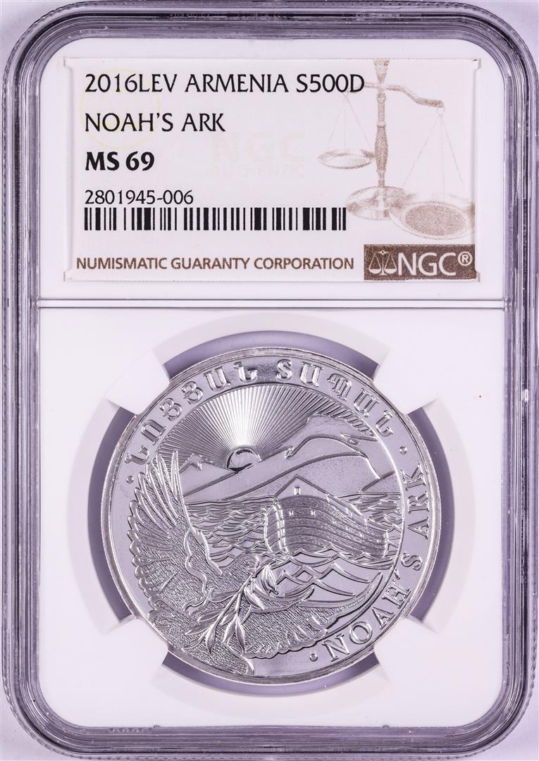 2016-LEV Armenia 500 Dram Noah's Ark Silver Coin NGC: One 2016-LEV Armenia 500 Dram Noah's Ark Silver Coin NGC MS69. NGC Certified.