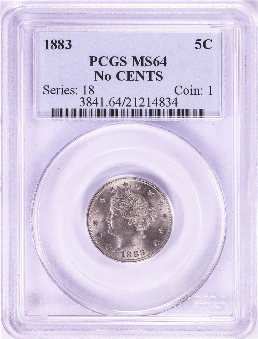 1883 No Cents Liberty V Nickel Coin PCGS MS64: One 1883 No Cents Liberty V Nickel Coin PCGS MS64. PCGS Graded.