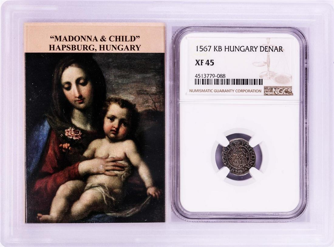 1567 KB Hungary Denar 'Madonna and Child' Coin NGC XF45: One 1567 KB Hungary Denar 'Madonna and Child' Coin NGC XF45 w/ Story Box. NGC Certified.