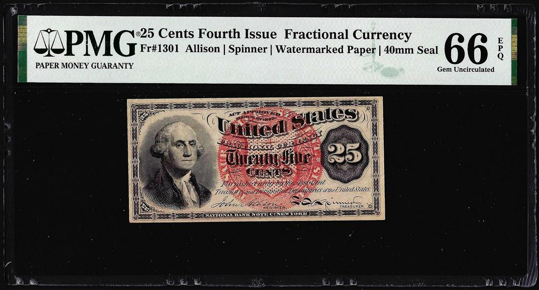 1863 Fourth Issue 25 Cent Fractional Currency Note: One 1863 Fourth Issue 25 Cent Fractional Currency Note Fr.1301 PMG Gem Uncirculated 66EPQ. PMG Certified.
