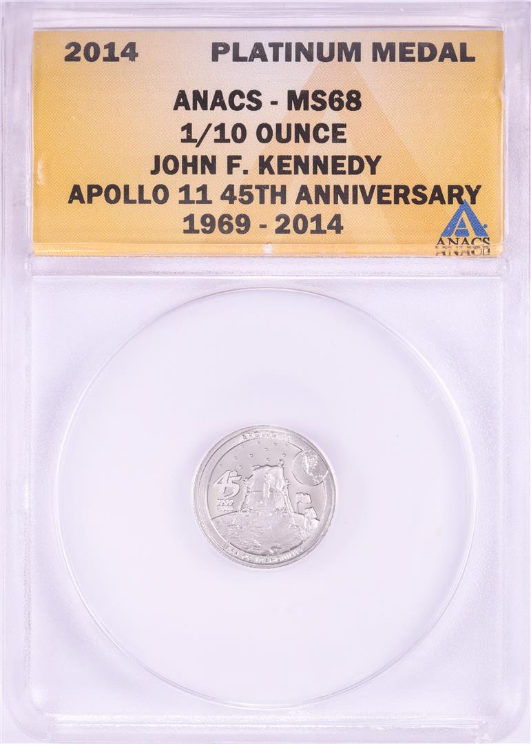 2014 Proof 1/10 oz Platinum JFK Apollo 11 Anniversary: One 2014 Proof 1/10 oz Platinum JFK Apollo 11 Anniversary Medal ANACS MS68. ANACS Certified.