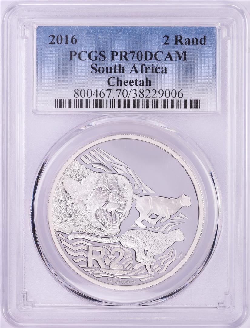2016 Proof South Africa 2 Rand Cheetah Silver Coin PCGS: One 2016 Proof South Africa 2 Rand Cheetah Silver Coin PCGS PR70DCAM. PCGS Graded.