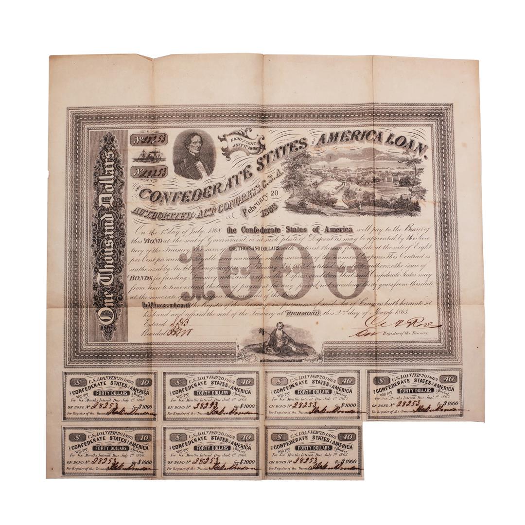 1863 $1,000 Confederate Bond Obsolete Sheet B-134: One 1863 $1,000 Confederate Bond Obsolete Sheet B-134.