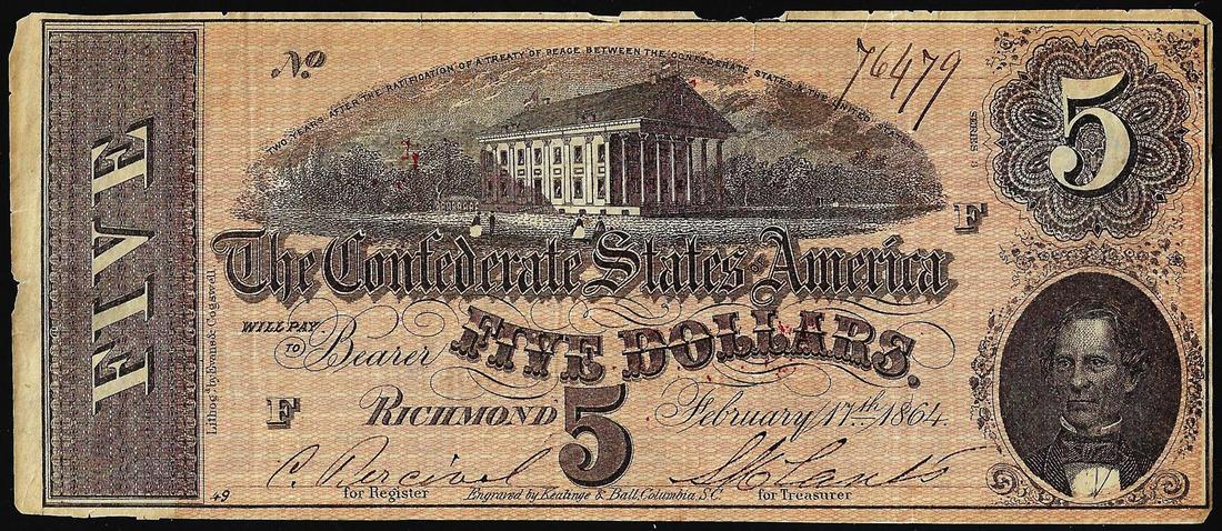 1864 $5 Confederate States of America Note with: One 1864 $5 Confederate States of America Note with Yarborouh House Advertisement.
