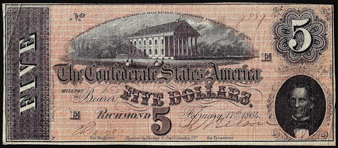 1864 $5 Confederate States of America Note: One 1864 $5 Confederate States of America Note.