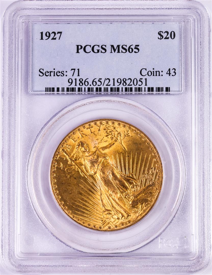 1927 $20 St. Gaudens Double Eagle Gold Coin PCGS MS65: One 1927 $20 St. Gaudens Double Eagle Gold Coin PCGS MS65. PCGS Graded.