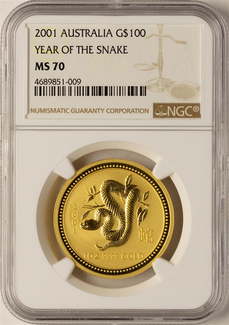 2001 Australia $100 Year of the Snake Gold Coin NGC: One 2001 Australia $100 Year of the Snake Gold Coin NGC MS70. NGC Certified.