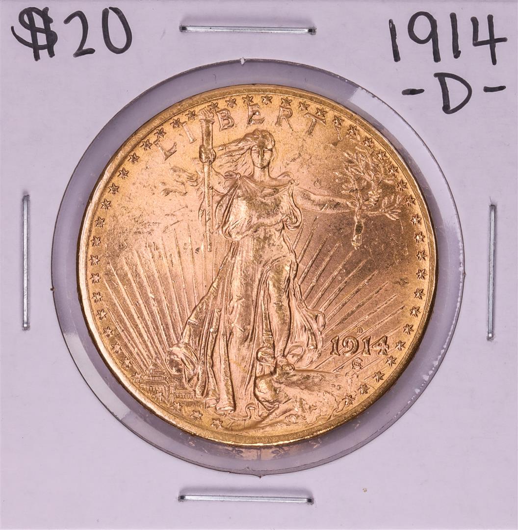 1914-D $20 St. Gaudens Double Eagle Gold Coin: One 1914-D $20 St. Gaudens Double Eagle Gold Coin.